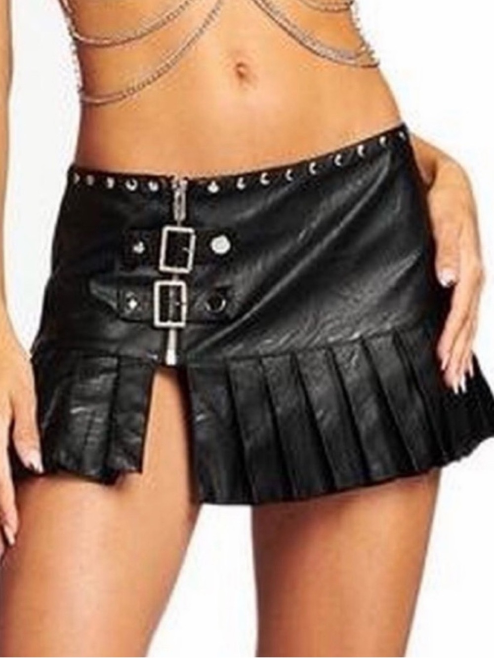 Black Faux-Leather Pleated Mini Skirt with Buckle Front